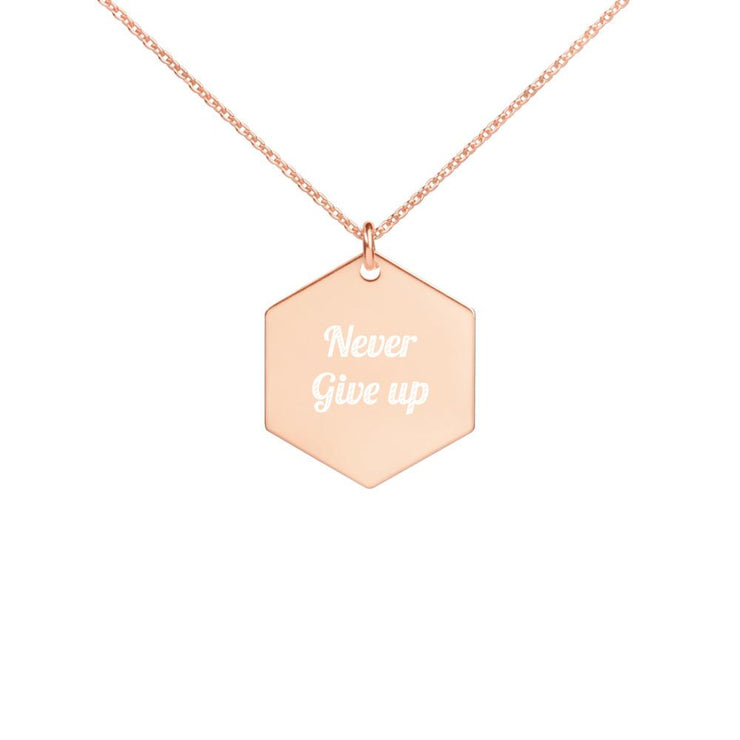 Never Give Up Engraved Silver Hexagon Necklace-Fitnessmotivations