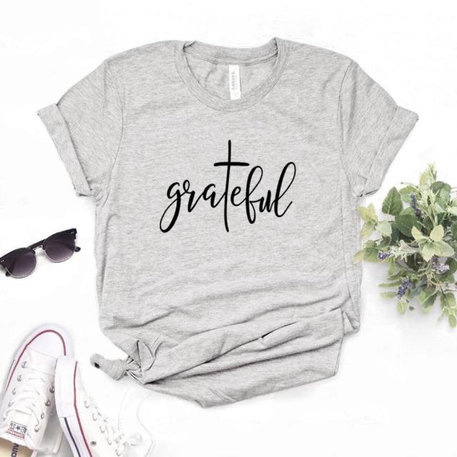Grateful Christian cross Print Women T-Shirt - Fitnessmotivations