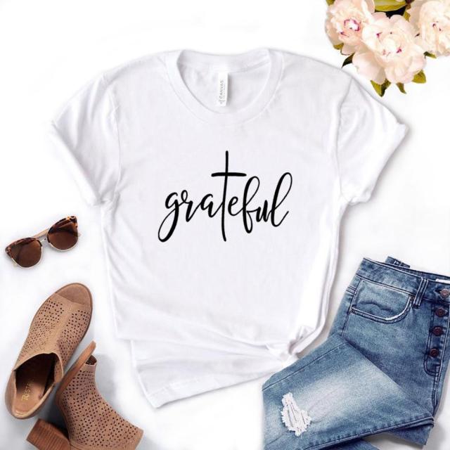Grateful Christian cross Print Women T-Shirt - Fitnessmotivations