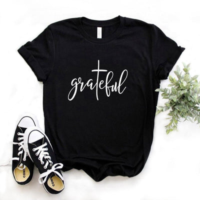Grateful Christian cross Print Women T-Shirt - Fitnessmotivations