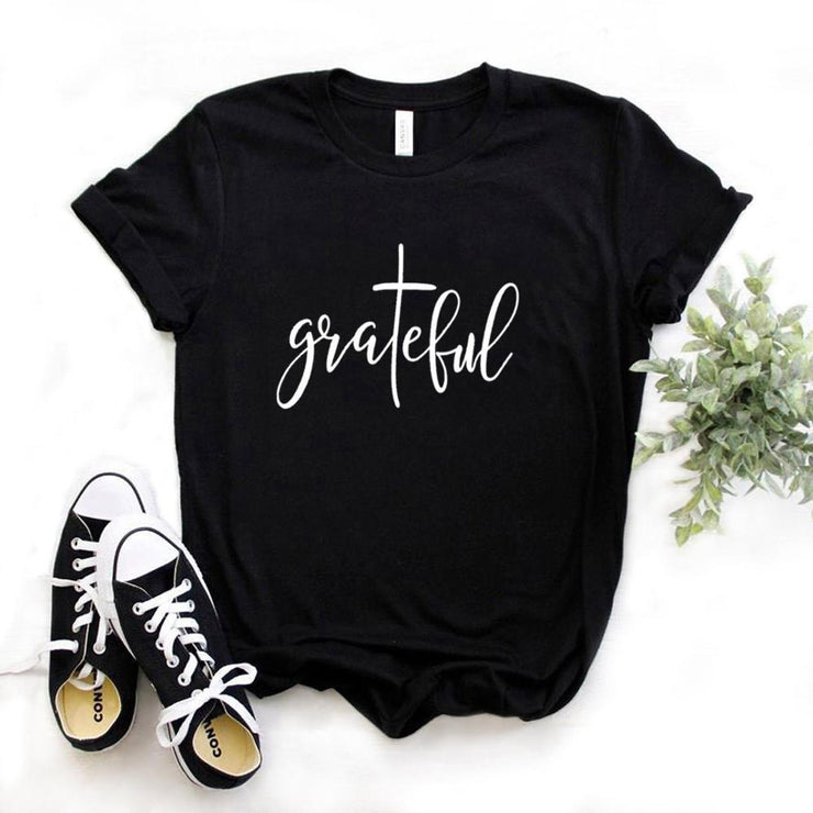 Grateful Christian cross Print Women T-Shirt - Fitnessmotivations