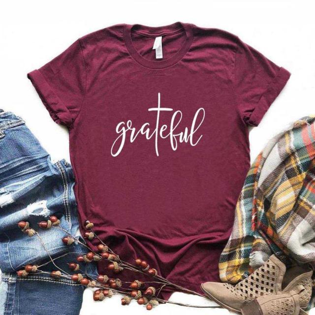 Grateful Christian cross Print Women T-Shirt - Fitnessmotivations