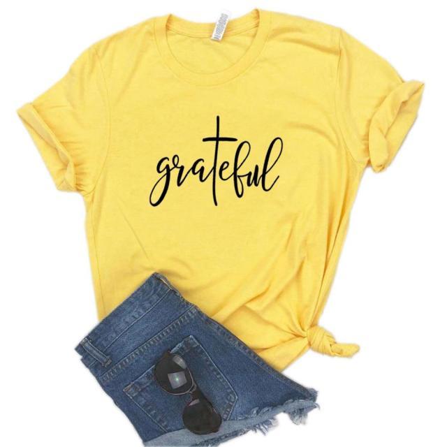 Grateful Christian cross Print Women T-Shirt - Fitnessmotivations