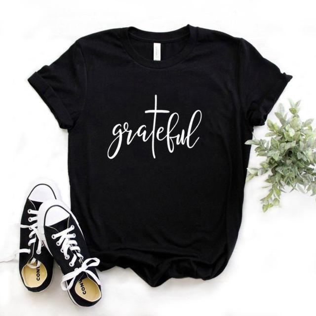 Grateful Christian cross Print Women T-Shirt - Fitnessmotivations