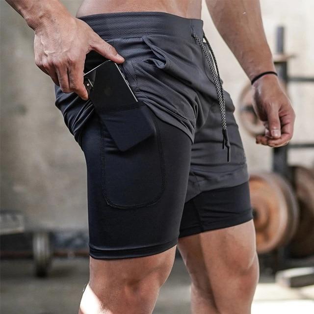 Men 2 in 1 Sports Jogging Fitness Shorts Training Quick Dry Men&