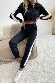 Side Stripe Cropped Hoodie and Jogger Set - Fitnessmotivations